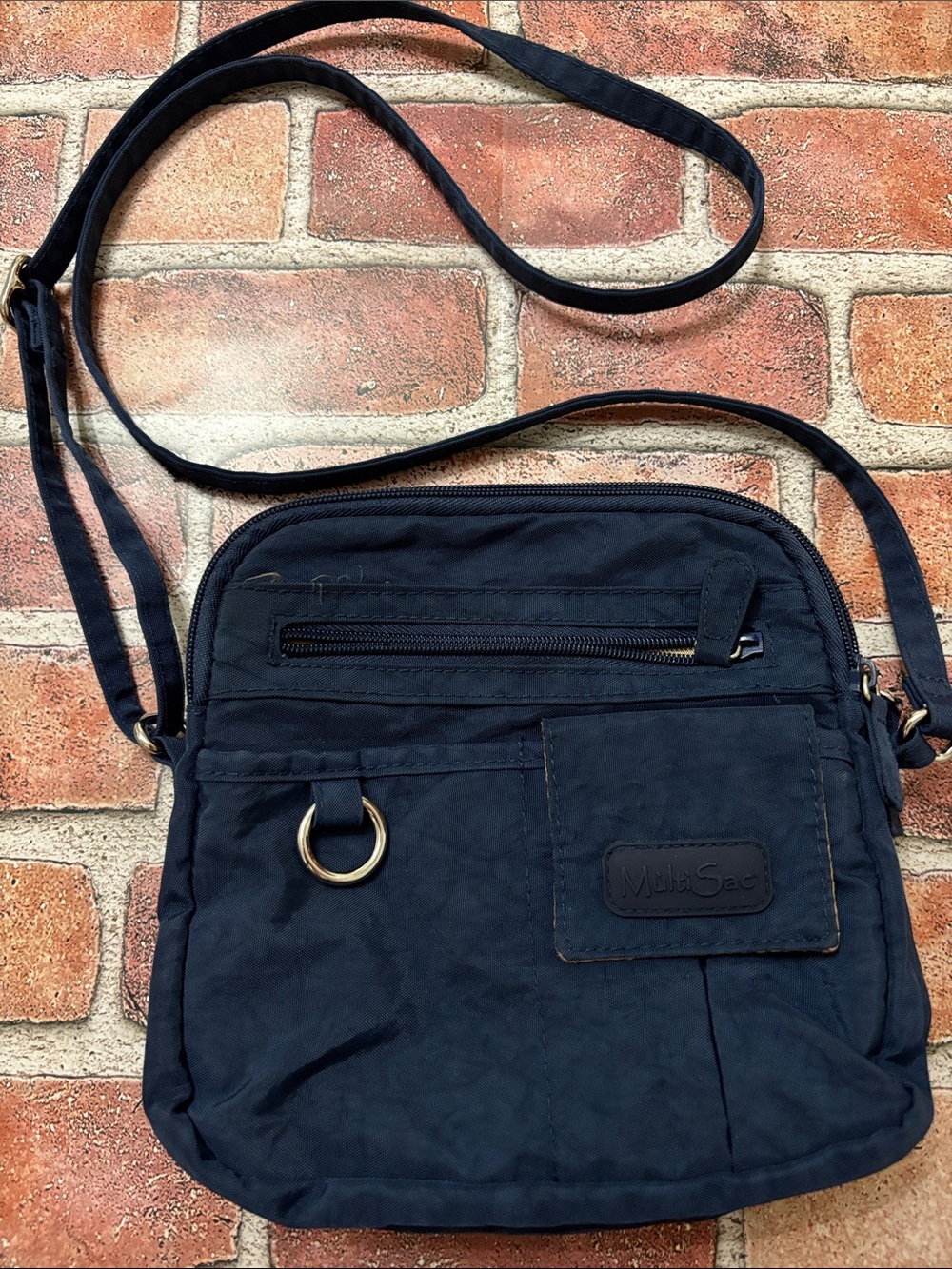 Multi Sac Navy Crossbody Messenger Bag with Metal Ring Detail 3 zipper pockets